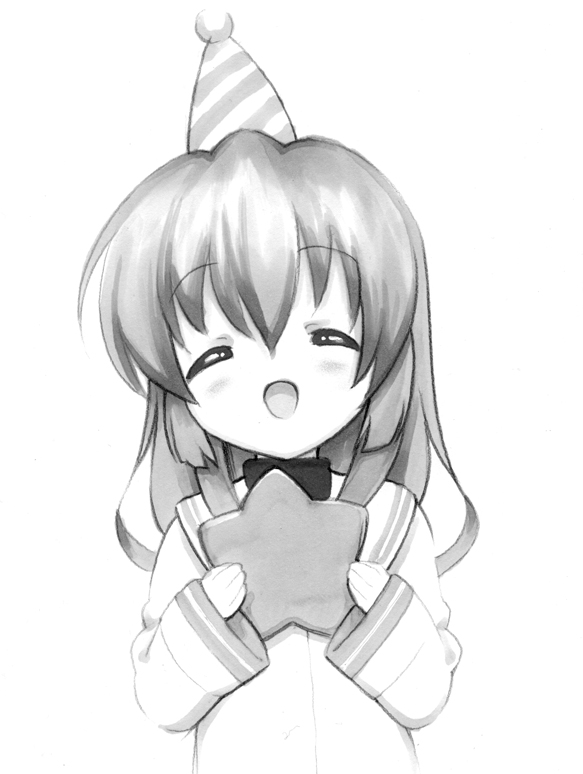 00s bad_id bad_pixiv_id clannad closed_eyes greyscale hat ibuki_fuuko long_hair monochrome party_hat school_uniform solo starfish yorugata_(yorugata24)