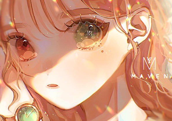 1girl blush brown_hair earrings green_eyes hand_up heterochromia jewelry kom_illust long_hair maven original parted_lips portrait red_eyes shadow solo watch wristwatch