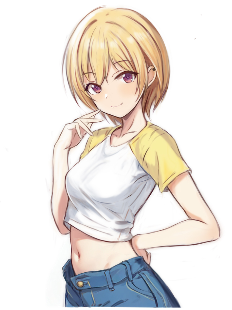 blonde_hair breasts collarbone commentary_request denim ear_piercing idolmaster idolmaster_shiny_colors jeans medium_breasts nannacy7 navel open_fly pants piercing raglan_sleeves saijo_juri shirt short_hair simple_background smile stomach white_background white_shirt yellow_sleeves