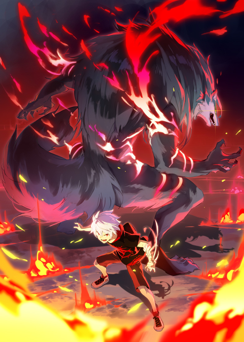 1boy animal animalia bandaged_arm bandages claws diffraction_spikes fire glowing glowing_eye hair_between_eyes lower_teeth_only male_focus misossu open_mouth oversized_animal pink_fire red_eyes red_fire red_shorts shadow shorts smile standing teeth textless_version tongue torn white_footwear white_hair wolf yellow_eyes