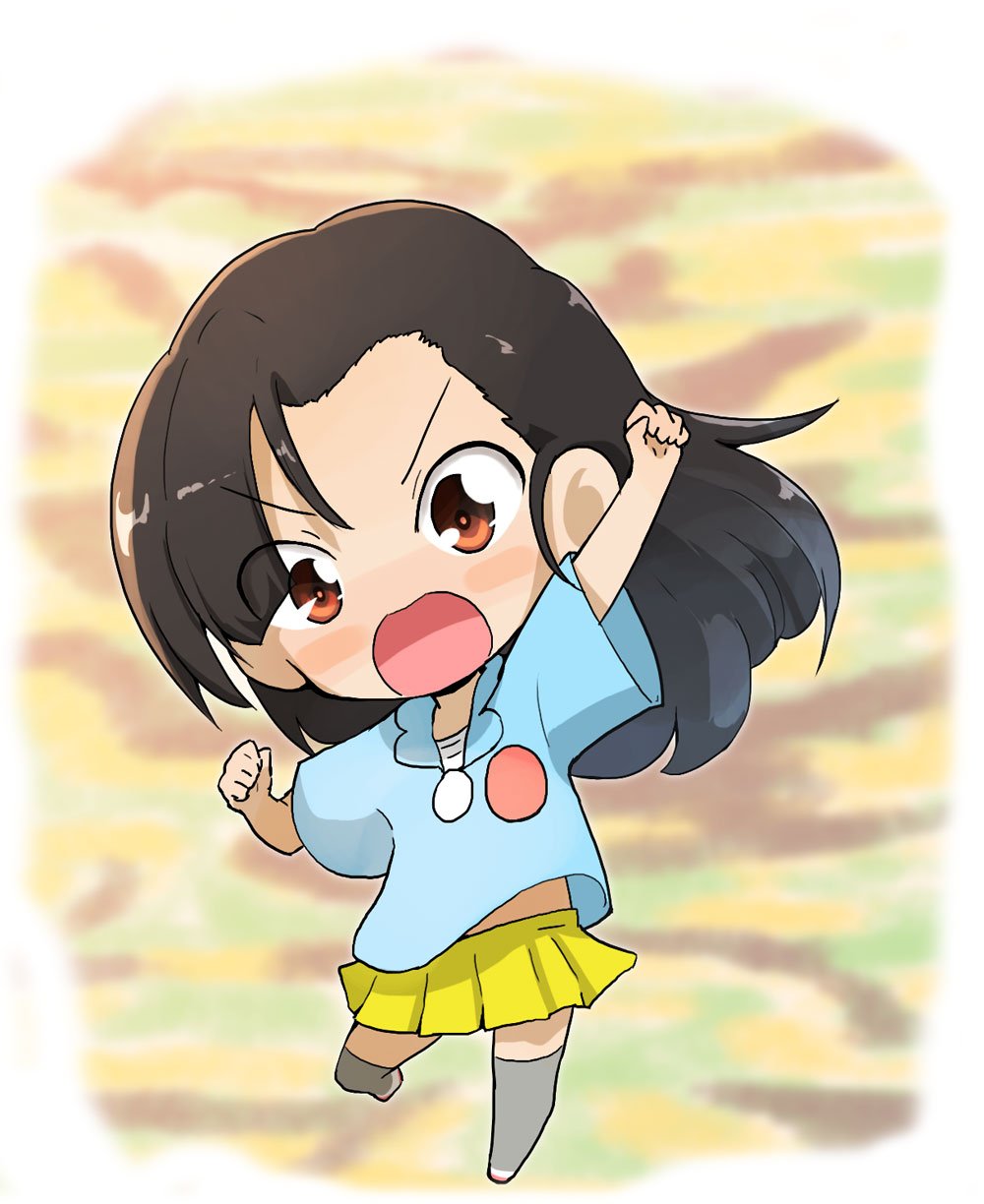 1girl :d aged_down arm_up asymmetrical_bangs blouse blue_shirt blurry blurry_background blush_stickers brown_eyes brown_hair camouflage_background child clenched_hands commentary eyes_visible_through_hair female_focus full_body girls_und_panzer grey_thighhighs highres jinguu_(4839ms) kindergarten_uniform leg_up long_hair looking_at_viewer miniskirt nishi_kinuyo open_mouth pleated_skirt raised_fist shirt shoes short_sleeves skirt smile solo standing standing_on_one_leg thighhighs v-shaped_eyebrows white_shoes yellow_skirt