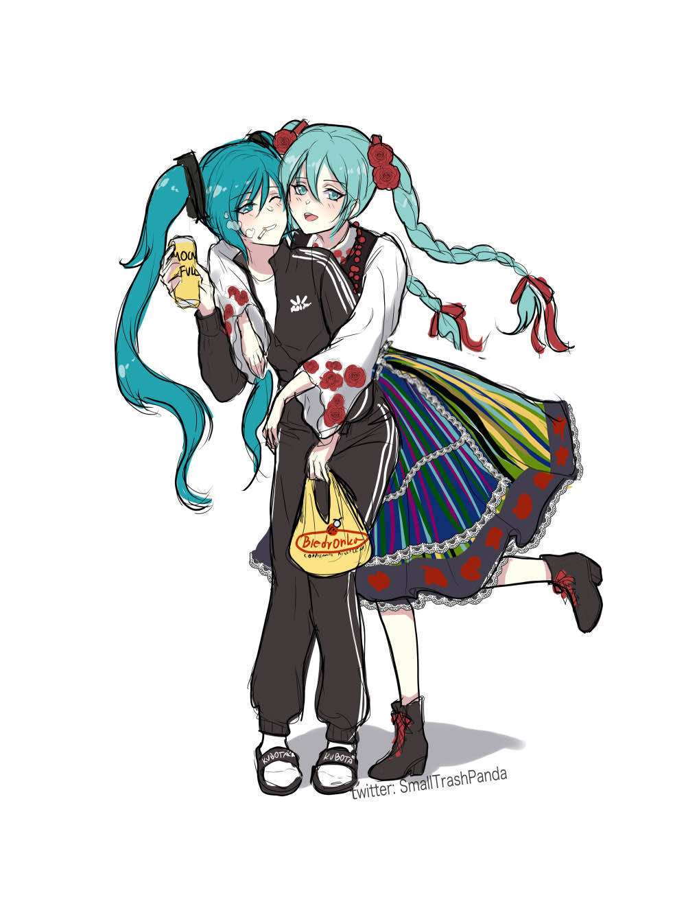 2girls aqua_eyes aqua_hair artist_name aya_(smalltrashpanda) bag black_footwear black_jacket black_pants blue_eyes blue_hair blush can cigarette dress drink dual_persona flower front-to-back full_body hair_between_eyes hair_flower hair_ornament hair_ribbon hatsune_miku highres holding holding_bag holding_can holding_drink hug hug_from_behind jacket kitten_heels lace_trim leg_up long_hair long_sleeves looking_at_another looking_at_viewer multicolored_clothes multicolored_dress multiple_girls one_eye_closed open_clothes open_jacket open_mouth pants plastic_bag polish_clothes red_flower red_ribbon ribbon shirt shoes simple_background slippers smile smoke smoke_trail smoking socks standing track_jacket track_pants twintails twitter_username vocaloid white_background white_shirt white_socks wide_sleeves worldwide_miku