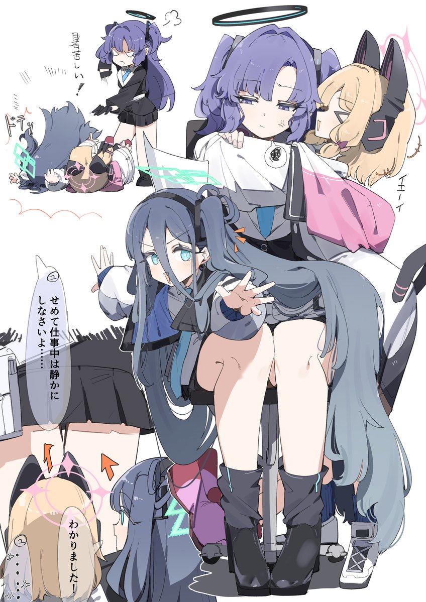 :&gt; anger_vein angry animal_ears aris_(blue_archive) black_footwear blonde_hair blue_archive blue_hair boots chair hair_between_eyes high_heel_boots high_heels hug long_hair lying_on_lap maton_3110 momoi_(blue_archive) purple_hair sitting tail twintails uniform very_long_hair white_footwear yuuka_(blue_archive)