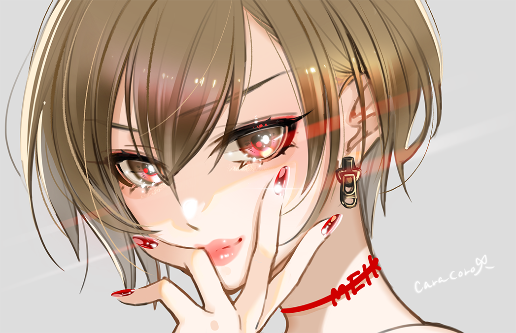 1girl brown_eyes brown_hair caracoro character_name close-up collar commentary earrings eye_focus glowing glowing_eyes hand_over_face jewelry light_smile lipstick looking_at_viewer makeup meiko_(vocaloid) nail_polish portrait red_nails short_hair solo vocaloid