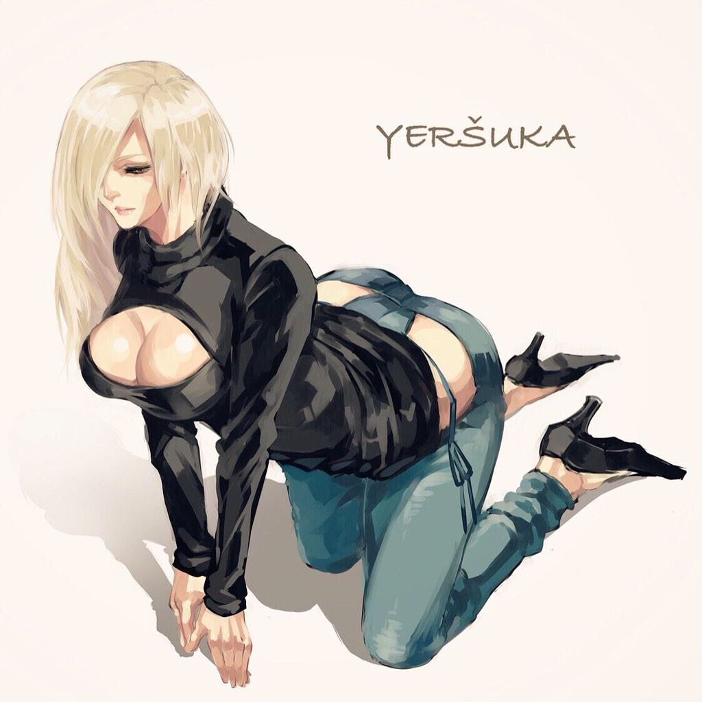 1girl all_fours ass bikini_jeans blonde_hair breasts cleavage cleavage_cutout clothing_cutout denim female_focus hair_over_one_eye high_heels jeans large_breasts lips long_hair lowleg lowleg_pants meme_attire nose open-chest_sweater original pants shirogane_(airhead) solo sweater turtleneck