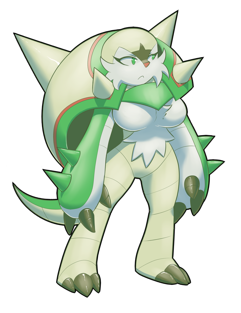 1girl :&lt; breasts chesnaught creatures_(company) furry furry_female game_freak gen_6_pokemon green_eyes large_breasts nintendo pokemon pokemon_(creature) praiz solo spikes teckworks transparent_background