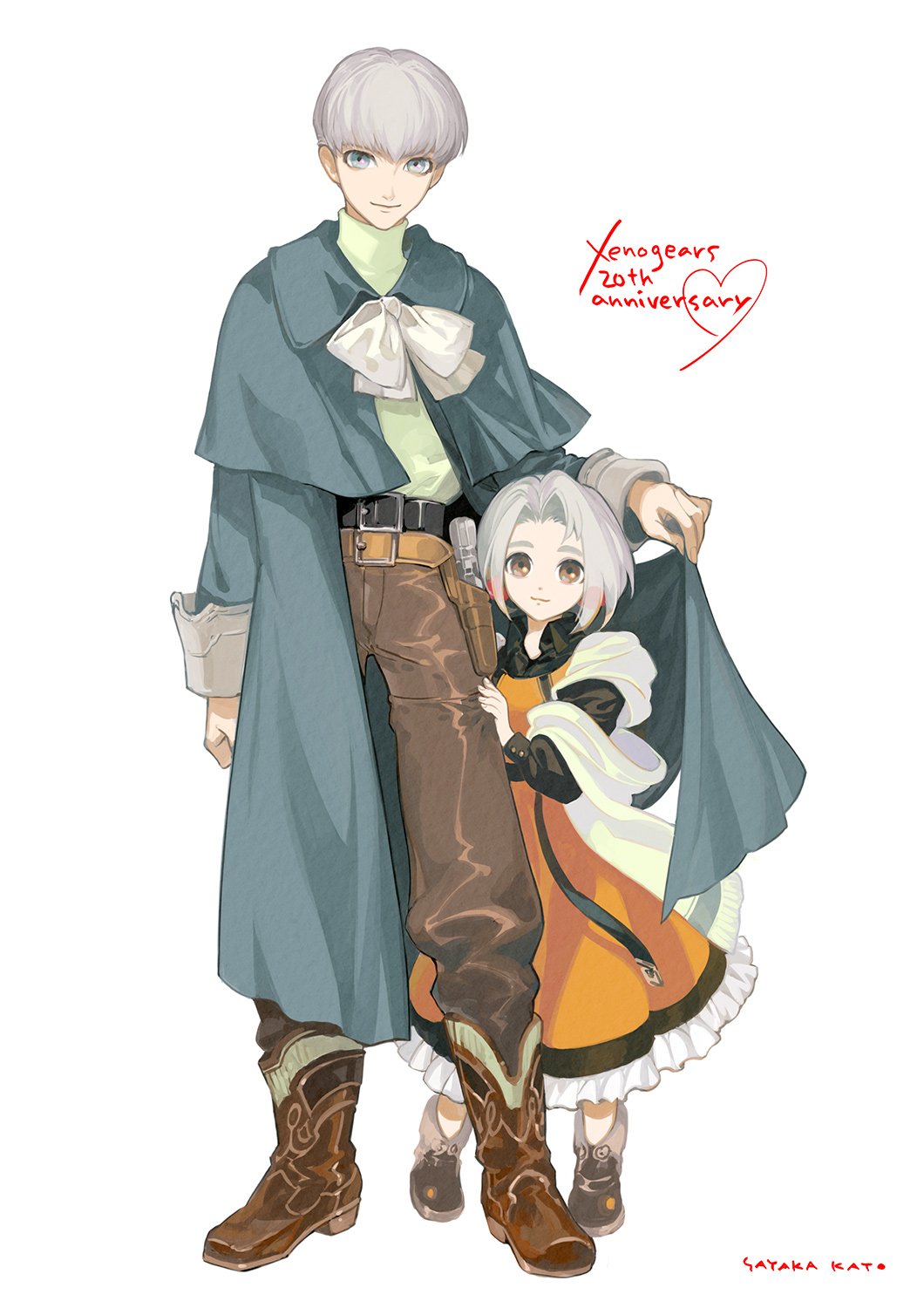 1boy 1girl billy_lee_black boots brother_and_sister brown_eyes closed_mouth dress full_body highres kato_sayaka looking_at_viewer primera_black short_hair siblings simple_background smile white_background white_hair xenogears