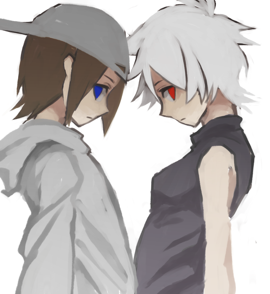 .flow 1boy 1girl baseball_cap blue_eyes brown_hair crossover hat looking_at_viewer profile red_eyes sabitsuki short_hair simple_background sketch sleeveless sleeveless_turtleneck turtleneck white_hair witoru yongoh