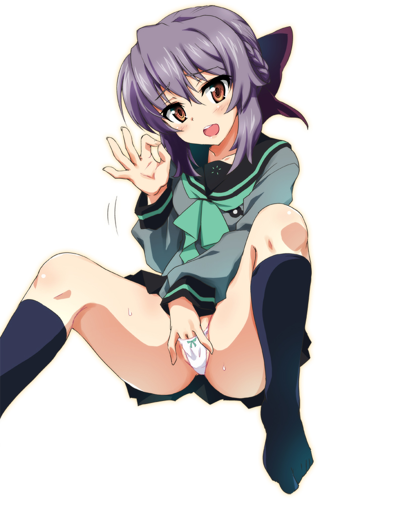 1girl blush brown_eyes female_focus female_masturbation hair_ornament hair_ribbon hiiragi_shinoa kneehighs looking_at_viewer masturbation open_mouth ouhashi owari_no_seraph panties purple_hair ribbon school_uniform simple_background smile socks solo spread_legs sweat underwear white_background white_panties