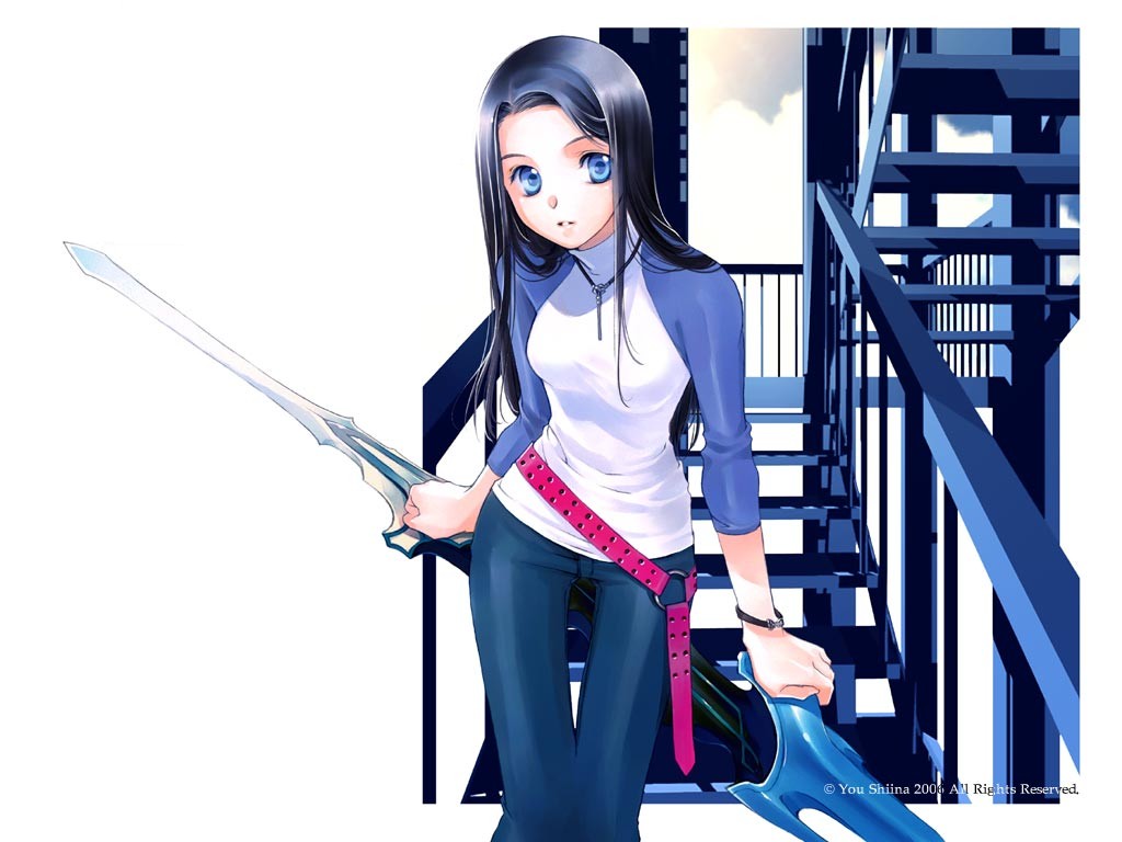 belt blue_eyes jewelry necklace raglan_sleeves shiina_yuu solo stairs sword weapon