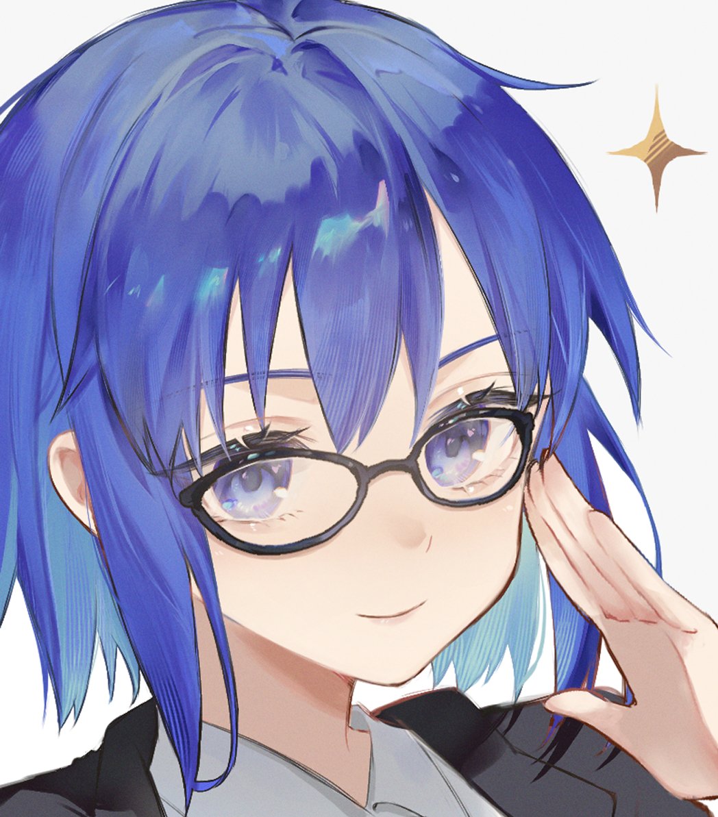 1girl black_jacket blue_eyes blue_hair c.i.e.l_(fate) c.i.e.l_(second_ascension)_(fate) ciel_(tsukihime) closed_mouth collared_shirt commentary english_commentary fate/grand_order fate_(series) glasses hair_between_eyes jacket looking_at_viewer nigiri portrait shirt short_hair sidelocks simple_background smile solo white_shirt