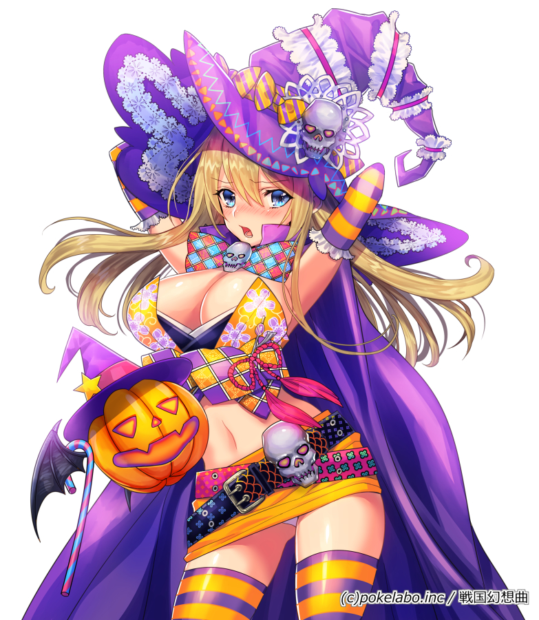 1girl bat_wings black_wings blonde_hair blue_eyes blush bow breasts character_request cleavage embarrassed female_focus fuji_minako gloves halloween hat jack-o&#039;-lantern large_breasts long_hair navel official_art open_mouth panties pantyshot pumpkin sengoku_gensoukyoku skirt skull solo striped_clothes striped_gloves striped_thighhighs thighhighs underwear upskirt watermark white_background white_panties wings witch_hat