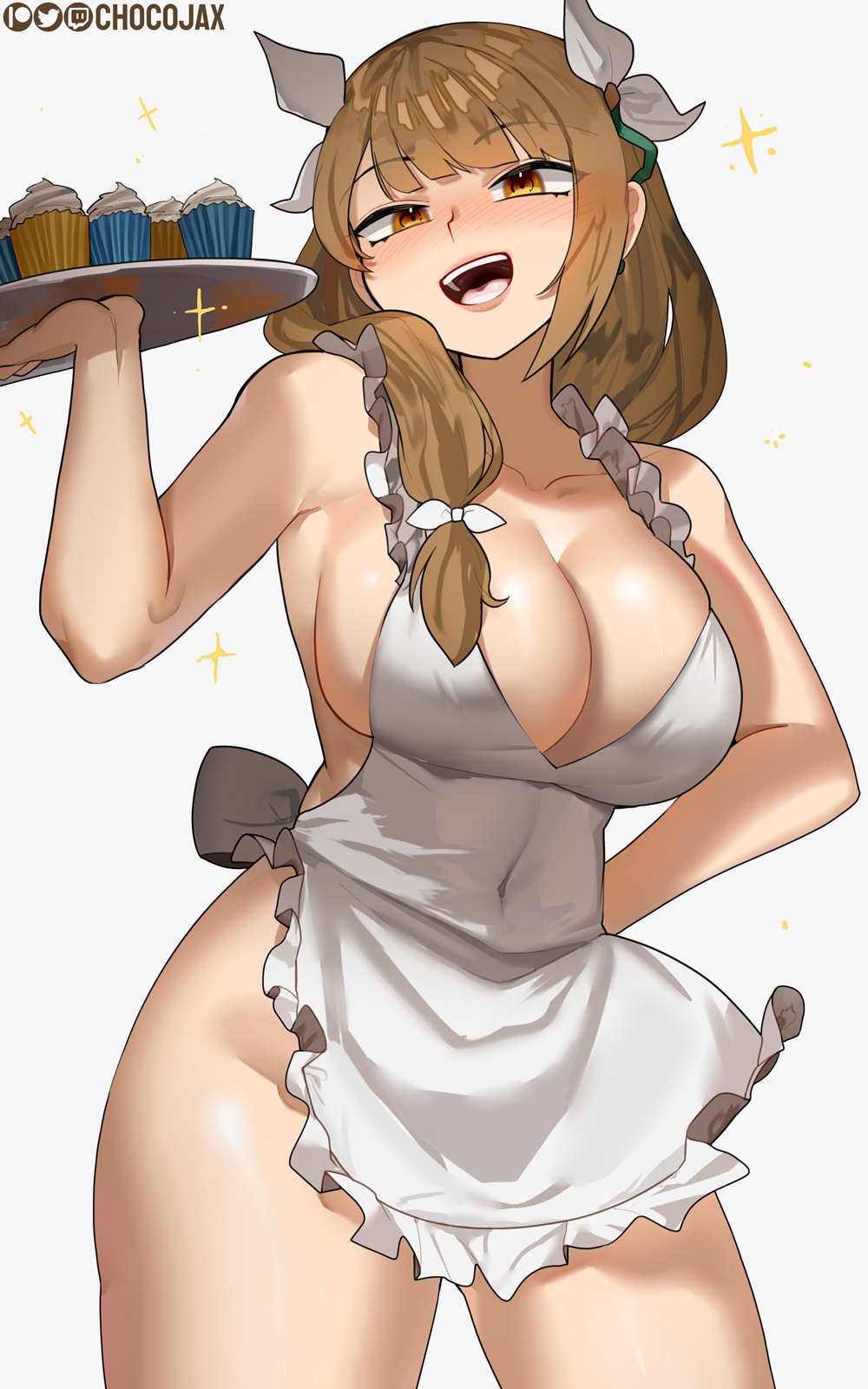 1girl :d apron breasts brown_eyes brown_hair chocojax cleavage commentary_request covered_navel cowboy_shot cupcake fire_emblem fire_emblem_engage food goldmary_(fire_emblem) grey_background groin hair_ribbon highres holding holding_tray large_breasts long_hair looking_at_viewer naked_apron nintendo open_mouth ribbon simple_background smile solo standing thighs tray white_apron white_ribbon