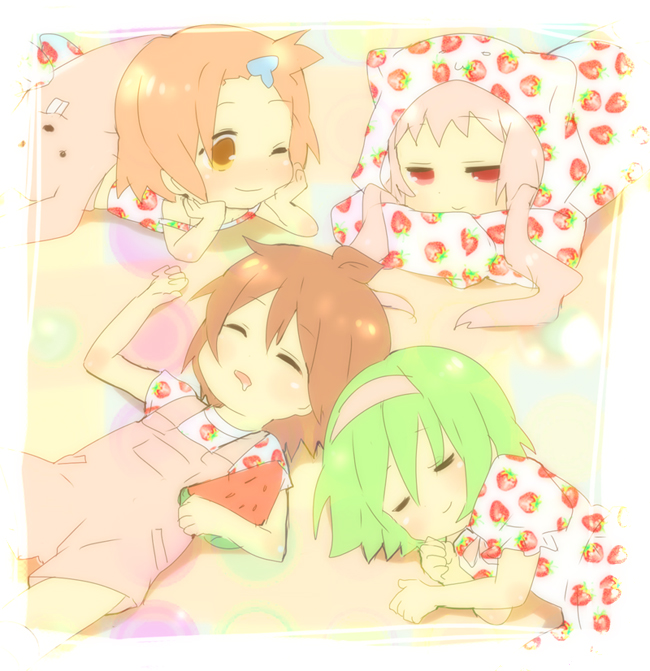 4girls kl-chan kl_(dgzonbi) mono_(character) multiple_girls pink_hair punchiki_(character) red_eyes sleeping tooi-chan