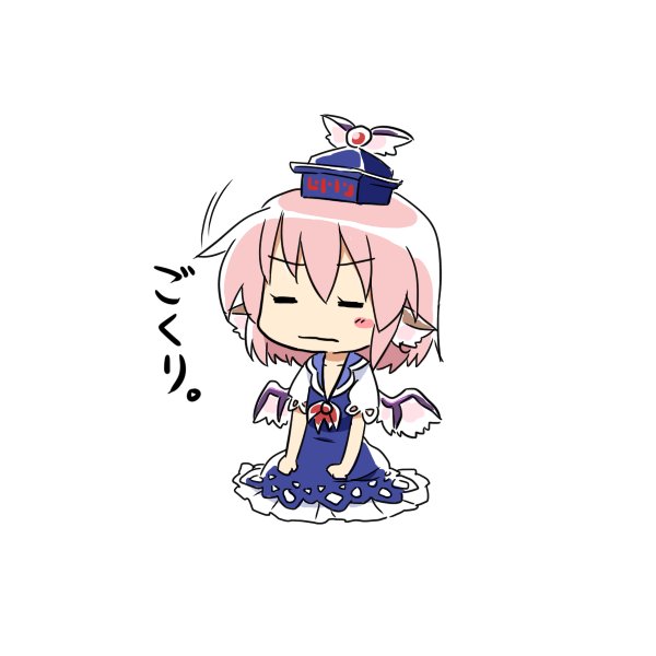 1girl animal_ears chibi cosplay female_focus full_body hat kamishirasawa_keine kamishirasawa_keine_(cosplay) mystia_lorelei pink_hair short_hair simple_background sitting solo swallowing touhou white_background wings yamabuki_(yusuraume)