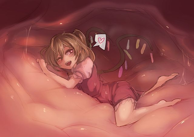 1girl barefoot blonde_hair dress female_focus flandre_scarlet heart heart-shaped_pupils inside_creature lying on_stomach one_eye_closed open_mouth red_dress short_hair side_ponytail solo spoken_heart stomach_(organ) symbol-shaped_pupils touhou utopia vore wings