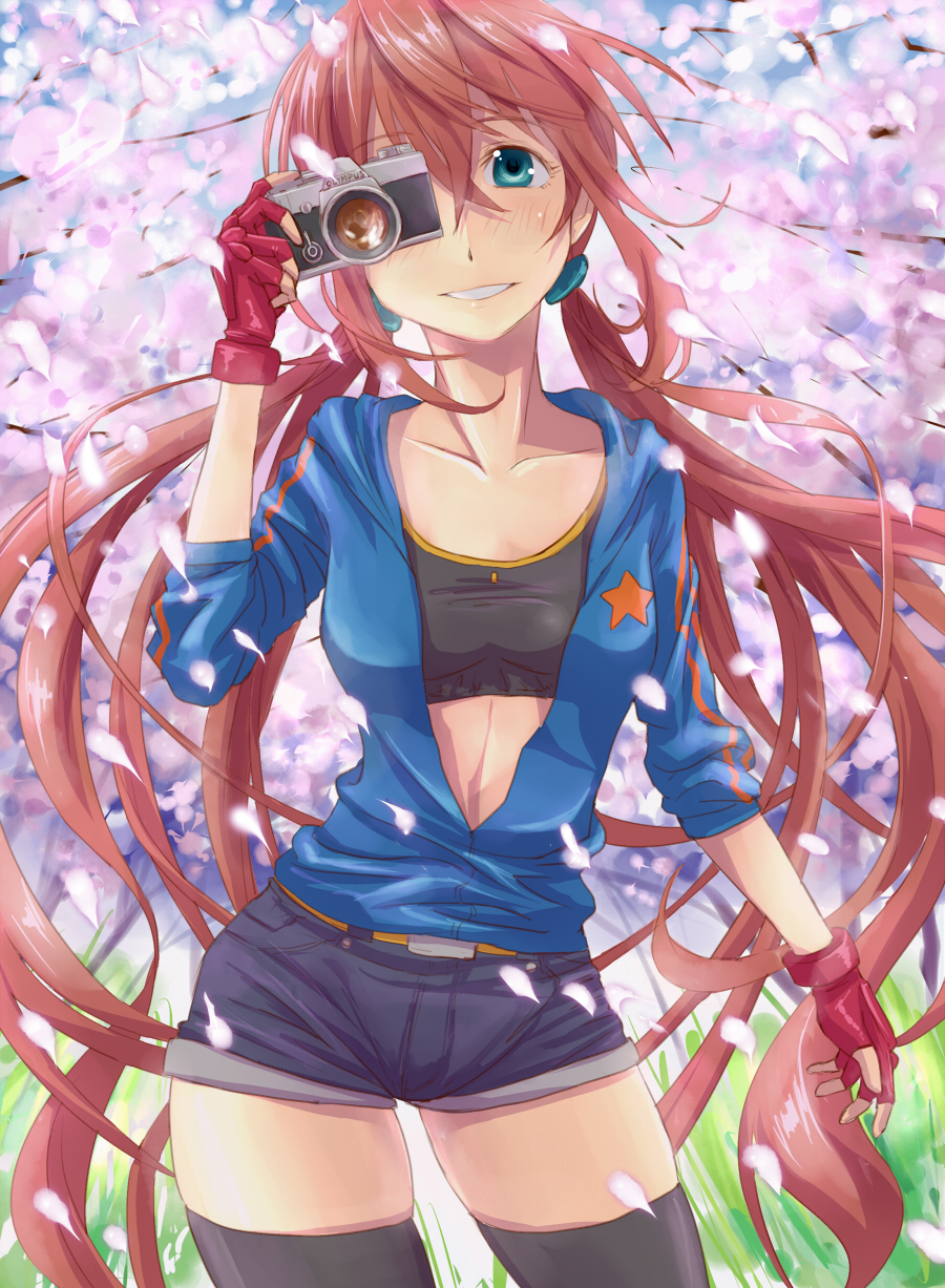 1girl belt black_thighhighs blue_eyes camera cherry_blossoms collarbone denim denim_shorts female_focus fingerless_gloves gloves grass highres kaeru314 kaeru_(kaerism) long_hair momoko_(kaeru314) open_clothes original petals red_hair shorts sleeves_pushed_up solo sports_bra thighhighs twintails very_long_hair zettai_ryouiki