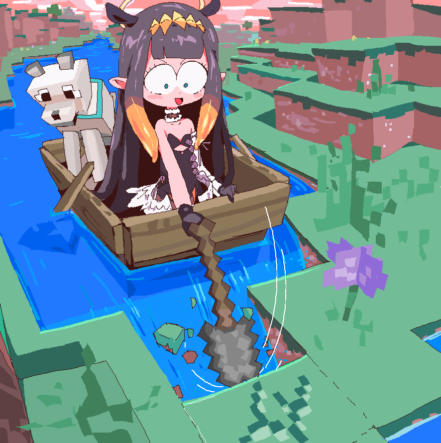 1girl black_hair blue_eyes boat chibi halo holding holding_shovel hololive hololive_english minecraft ninomae_ina&#039;nis ninomae_ina&#039;nis_(1st_costume) open_mouth scared shovel solo_focus surprised virtual_youtuber watercraft wide-eyed wolf_(minecraft) y3v