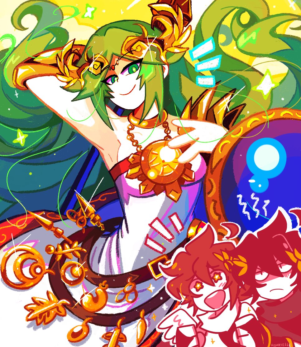 ancient_greek_clothes angel angel_wings armpits belt black_scarf breasts brown_belt chain commentary dark_pit diadem english_commentary gold_chain gradient_hair greco-roman_clothes green_eyes green_hair homriette jewelry kid_icarus kid_icarus_uprising laurel_crown middle_part multicolored_hair neck_ring nintendo pale_skin palutena pit_(kid_icarus) scarf sidelocks vambraces white_scarf white_wings wings