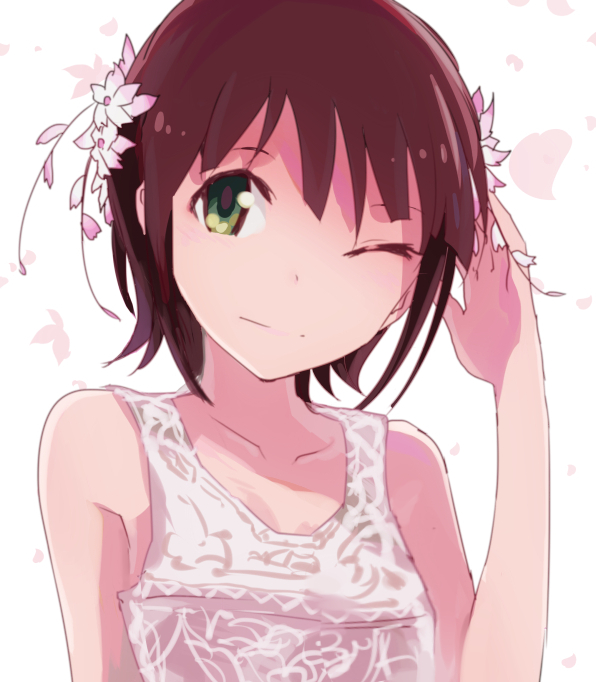 1girl amami_haruka bad_id bad_pixiv_id brown_hair female_focus flower green_eyes hair_ornament idolmaster idolmaster_(classic) inae_keiji inaeda_kei one_eye_closed short_hair smile solo wink