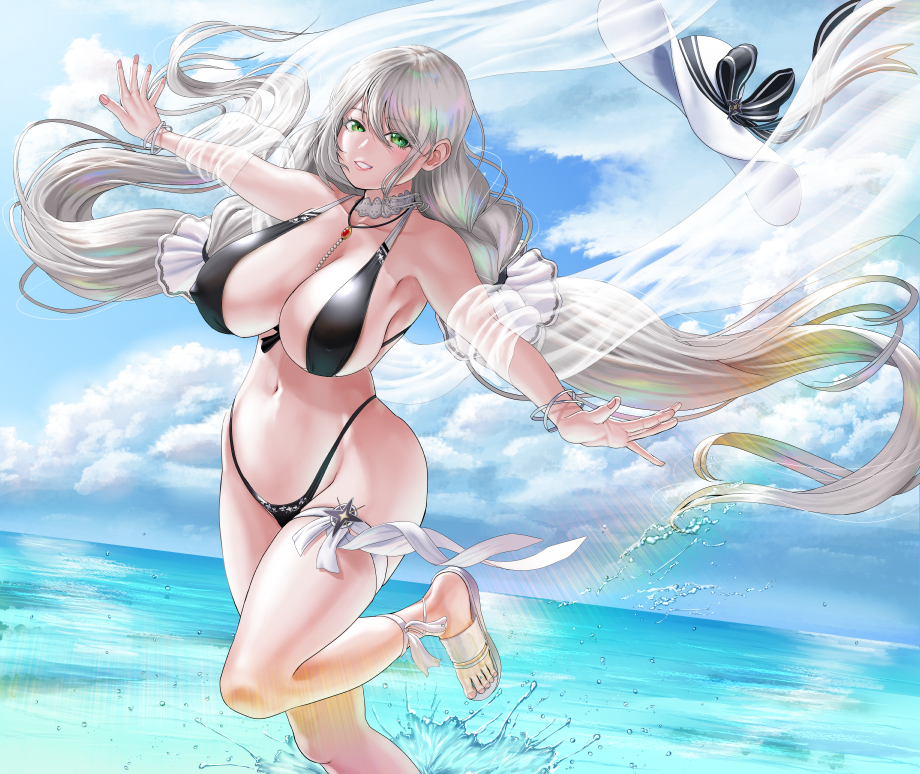 1girl aquila_(azur_lane) aquila_(a_sip_of_sardegnian_elegance)_(azur_lane) azur_lane bare_shoulders bikini black_bikini blue_sky breasts cleavage cloud detached_collar dorian_oishiiyo green_eyes hat highleg highleg_bikini jewelry large_breasts leg_up long_hair necklace official_alternate_costume outdoors outstretched_arms partially_submerged silver_hair sky slippers smile sun_hat swimsuit thigh_strap toes very_long_hair water white_headwear