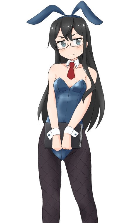 1girl alternate_costume animal_ears black_hair black_pantyhose blue_eyes blue_leotard blush book breasts detached_collar fake_animal_ears glasses holding holding_book junes kantai_collection leotard long_hair ooyodo_(kancolle) pantyhose playboy_bunny rabbit_ears red_neckwear simple_background small_breasts solo sweat white_background wrist_cuffs