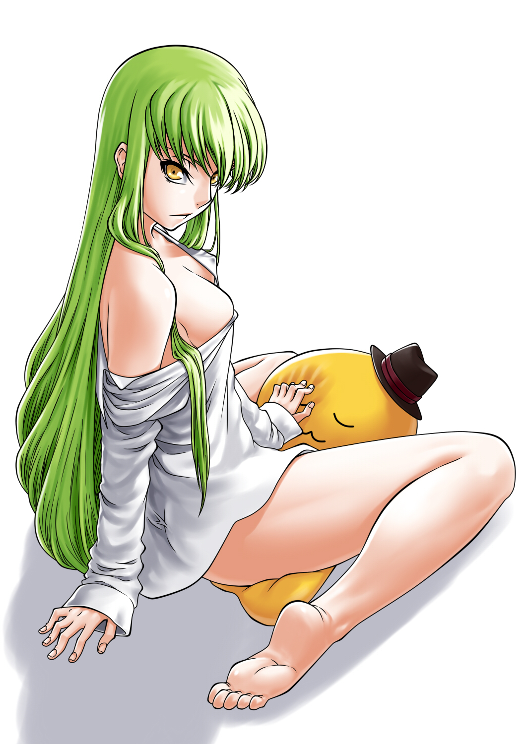 1girl barefoot bleachist breasts c.c. cheese-kun cleavage code_geass female_focus green_hair grinding highres hirotaka long_hair shirt solo t-shirt white_background yellow_eyes