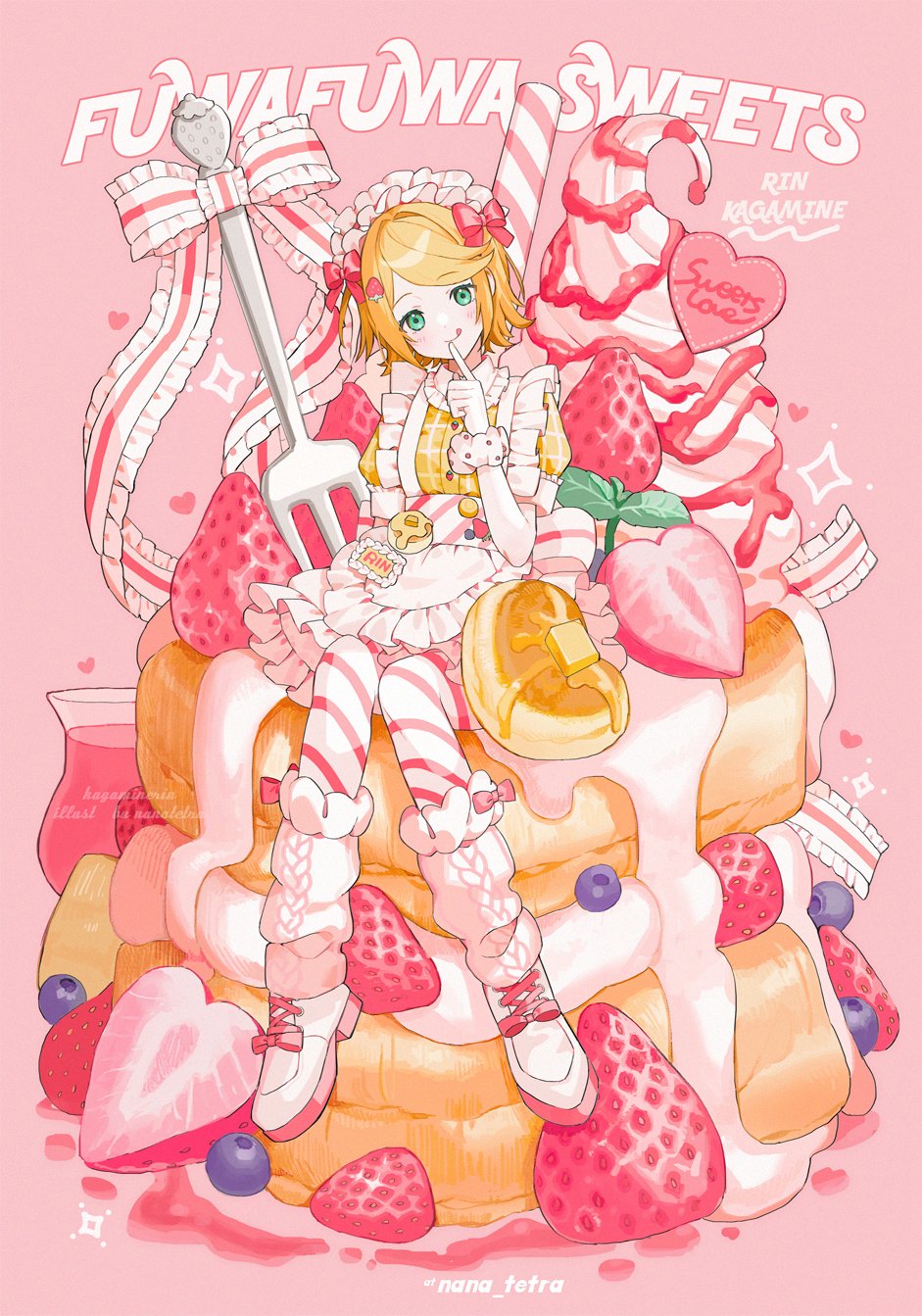 1girl alternate_costume apron blonde_hair blueberry bow cake character_name dress food food-themed_clothes fork frilled_dress frills fruit full_body green_eyes hair_ornament hairclip highres kagamine_rin looking_at_viewer maid_headdress medium_hair nana_tetra pantyhose pink_background pink_bow simple_background sitting smile solo strawberry strawberry_shortcake striped_clothes striped_pantyhose tongue tongue_out vocaloid whipped_cream white_apron white_footwear wrist_cuffs yellow_dress