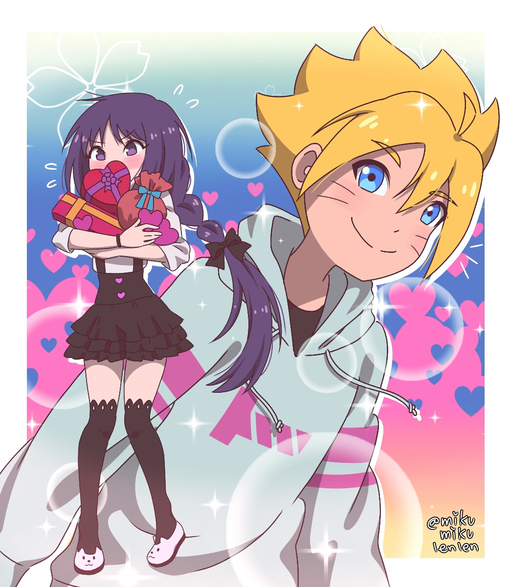 1boy 1girl ariamikukanzaki blonde_hair blue_eyes blush boruto:_naruto_next_generations box closed_mouth facial_mark hair_ornament hair_ribbon heart heart-shaped_box highres holding kakei_sumire long_hair naruto_(series) purple_eyes purple_hair ribbon smile sweater uzumaki_boruto valentine whisker_markings