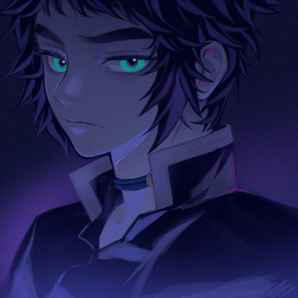 1boy aqua_eyes black_hair choker closed_mouth dark demon_slayer_uniform elfegg glowing glowing_eyes green_eyes kaigaku kimetsu_no_yaiba looking_at_viewer male_focus portrait purple_theme short_hair sidelocks solo