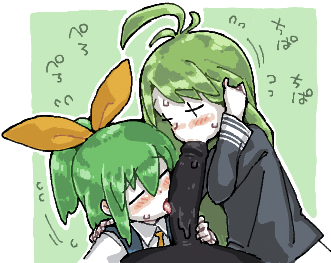 +_+ 1boy 2girls ahoge black_skin blush bow closed_eyes collared_shirt colored_skin cookie_(touhou) cooperative_fellatio crossover daiyousei diyusi_(cookie) fellatio green_background green_hair hair_bow hetero high_ponytail licking licking_penis long_hair lowres man_(man-room) multiple_girls open_mouth oral orange_bow penis ponytail shirt short_hair teamwork_(sexual) tone_sphere touhou trin_(tone_sphere) upper_body white_shirt white_skin