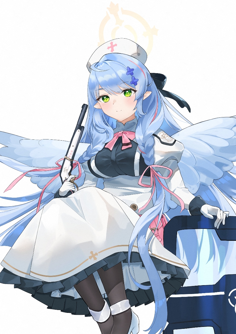 1girl angel angel_wings black_thighhighs blue_archive blue_hair braid dress expressionless feet_out_of_frame green_eyes gun halo hat holding holding_gun holding_weapon looking_at_viewer mine_(blue_archive) nurse_cap pointy_ears ribbon riot_shield shield shotgun side_braid solo thighhighs uuc_(yuyudanngo) weapon white_background white_dress wings