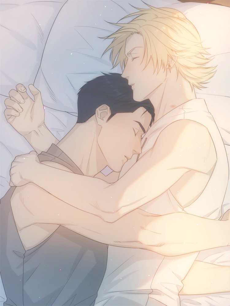 2boys arm_around_shoulder bare_shoulders bed black_hair black_shirt blonde_hair closed_eyes closed_mouth commentary couple curled_fingers dion_lesage ear_piercing earrings final_fantasy final_fantasy_xvi hasuha_makoto jewelry lying male_focus multiple_boys on_side piercing pillow shirt sideburns sleeping sleeveless sleeveless_shirt symbol-only_commentary terrence_(ff16) upper_body white_shirt yaoi