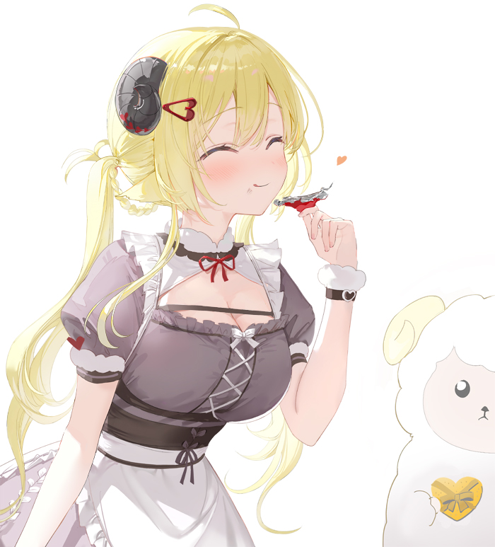 1girl ahoge alternate_costume animal_ears apron blonde_hair breasts candy chocolate cleavage closed_mouth commentary dress eating english_commentary food food_in_mouth frilled_apron frills fuumi_(radial_engine) grey_dress heart holding holding_chocolate holding_food hololive horns large_breasts long_hair looking_at_viewer puffy_short_sleeves puffy_sleeves sheep_ears sheep_girl sheep_horns short_sleeves simple_background solo tsunomaki_watame virtual_youtuber waist_apron watamate white_apron white_background wrist_cuffs