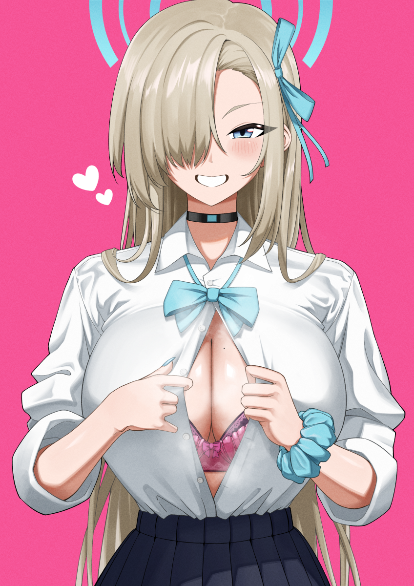 1girl asuna_(blue_archive) asuna_(school_uniform)_(blue_archive) black_choker black_skirt blonde_hair blue_archive blue_bow blue_eyes blue_halo blue_ribbon bow bra breasts choker collared_shirt commentary grin hair_over_one_eye hair_ribbon halo heart highres large_breasts long_hair looking_at_viewer p-tree partially_unbuttoned pink_background pink_bra pleated_skirt ribbon school_uniform scrunchie shirt shirt_tucked_in skirt smile solo steaming_body teeth unbuttoned unbuttoned_shirt underwear very_long_hair white_shirt wrist_scrunchie