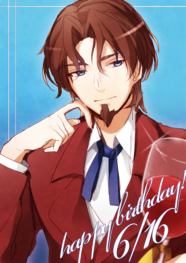 1boy alcohol bad_id bad_pixiv_id birthday blue_eyes blurry brown_hair cup dated depth_of_field drinking_glass facial_hair fate/zero fate_(series) formal_clothes goatee happy_birthday juugonichi_(wheeliex2) male_focus solo sparkle suit tohsaka_tokiomi wine wine_glass