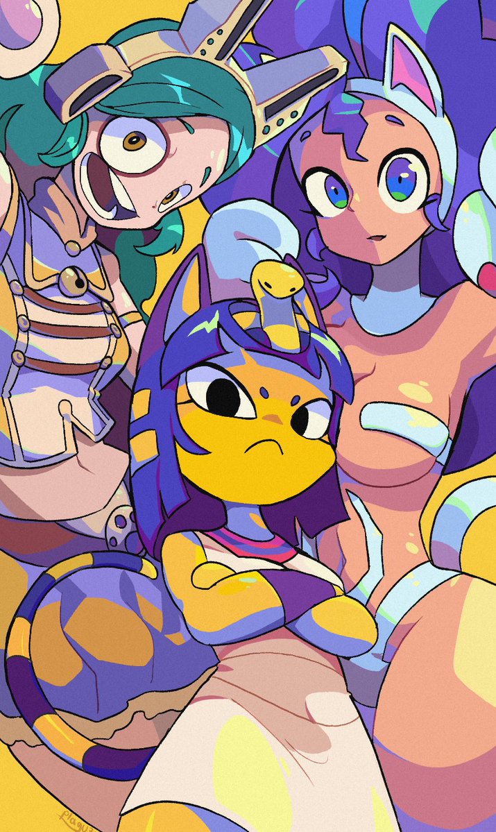 3girls ancient_egyptian_clothes angry animal_crossing animal_ears animal_hands ankha_(animal_crossing) armlet black_eyes blue_eyes blue_hair boku_no_hero_academia breasts cat_ears colored_skin crossed_arms crossover dark-skinned_female dark_skin darkstalkers felicia_(darkstalkers) furry furry_female green_hair jewelry large_breasts long_hair looking_at_viewer medium_breasts mr_plagu3 multiple_girls nintendo ragdoll_(boku_no_hero_academia) short_hair small_breasts smile tail trait_connection yellow_skin