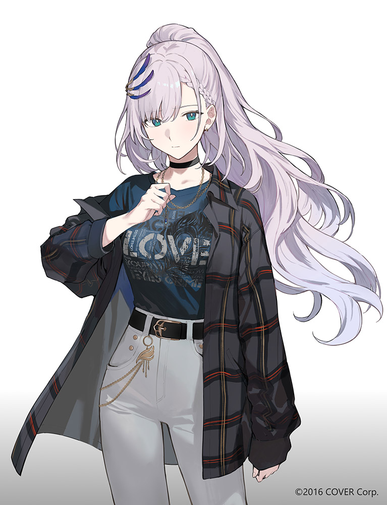 alternate_costume blue_eyes chain chain_around_neck hair_ornament hairpin hololive hololive_indonesia jacket long_hair official_art pants pavolia_reine rararamax shirt t-shirt virtual_youtuber