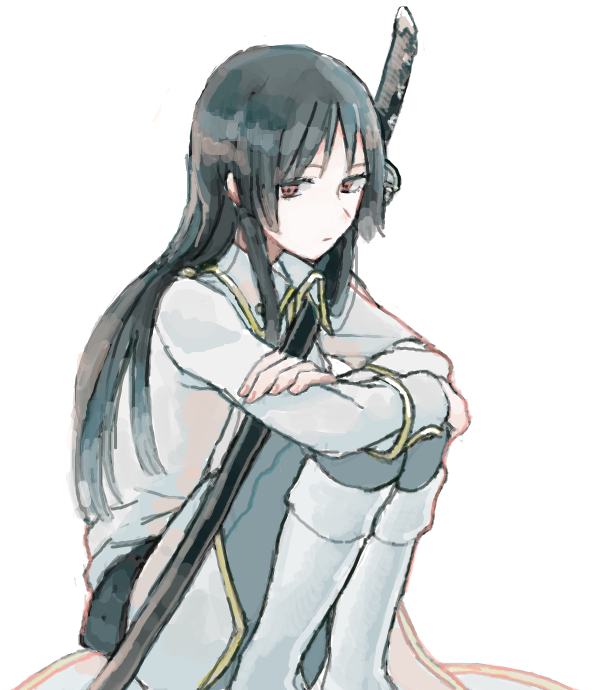 1girl black_hair female_focus gintama hime_cut hugging_own_legs imai_nobume katana long_hair military military_uniform red_eyes simple_background sitting solo sword urahara weapon white_background