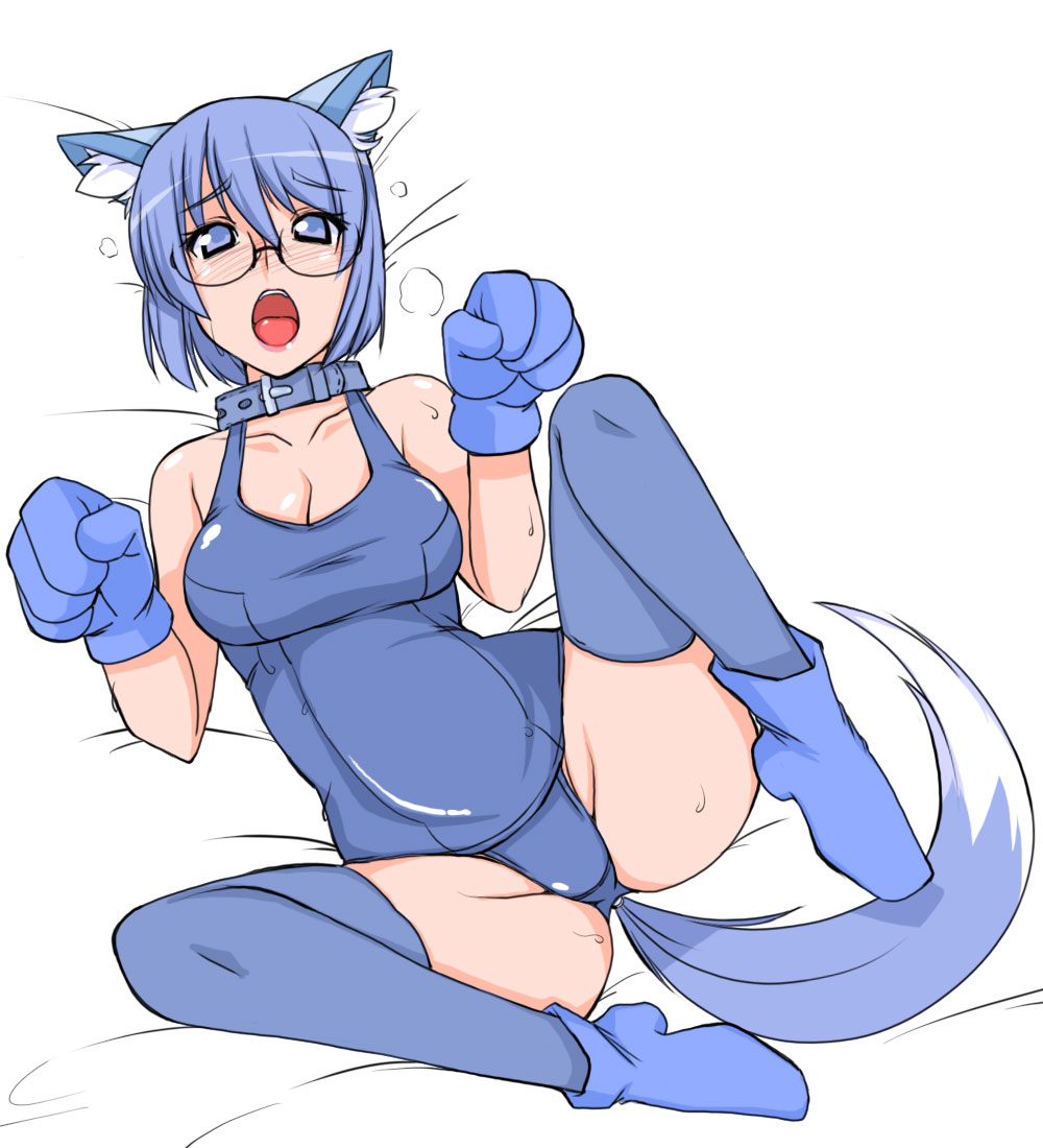 1girl 2k-tan animal_ears ankle_boots bare_shoulders blue_collar blue_eyes blue_footwear blue_gloves blue_hair blue_one-piece_swimsuit blue_thighhighs blush boots breasts cleavage collar collarbone dog_ears dog_tail eyelashes full_body furrowed_brow glasses gloves hair_between_eyes hands_up looking_at_viewer lying medium_breasts nose_blush on_back one-piece_swimsuit open_mouth os-tan pink_lips ruriwo_(ruriwo1894) school_uniform solo swimsuit tail teeth thighhighs thighs upper_teeth_only