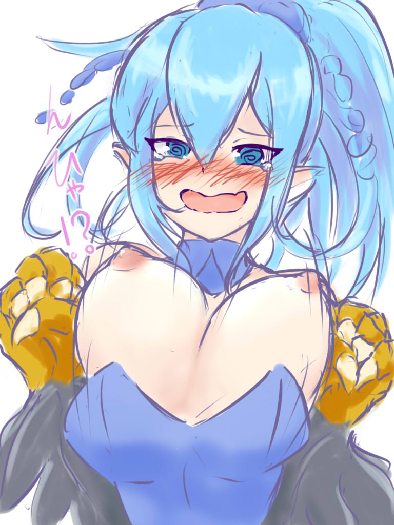 1girl @_@ blue_eyes blue_hair blush bouncing_breasts breasts breasts_out embarrassed harpie_oracle medium_breasts nasubi3632 nipples pointy_ears solo tears white_background winged_arms wings yu-gi-oh!