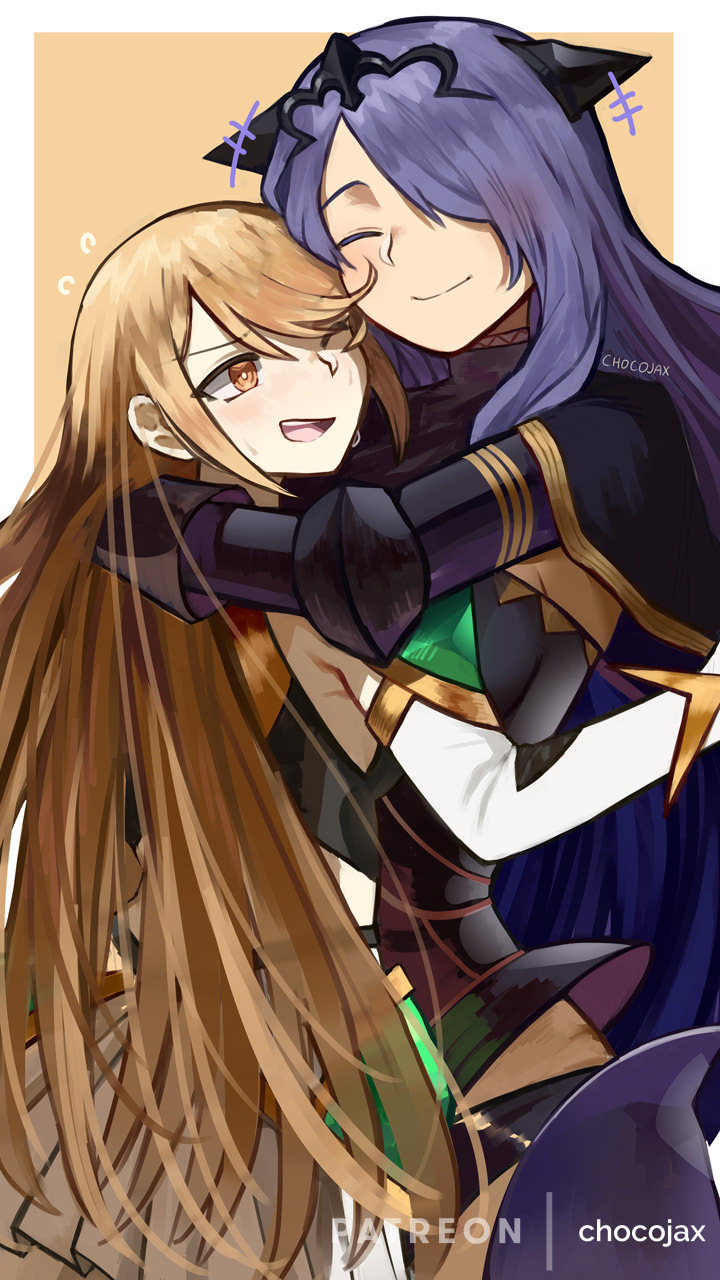 2girls armor artist_name black_armor blonde_hair body_armor camilla_(fire_emblem) chocojax detached_sleeves dress closed_eyes fire_emblem fire_emblem_fates hair_over_one_eye highres hug long_hair multiple_girls mythra_(xenoblade) nintendo one_eye_closed open_mouth patreon pleated_dress pleated_skirt purple_hair skirt smile tiara white_dress xenoblade_chronicles_(series) xenoblade_chronicles_2