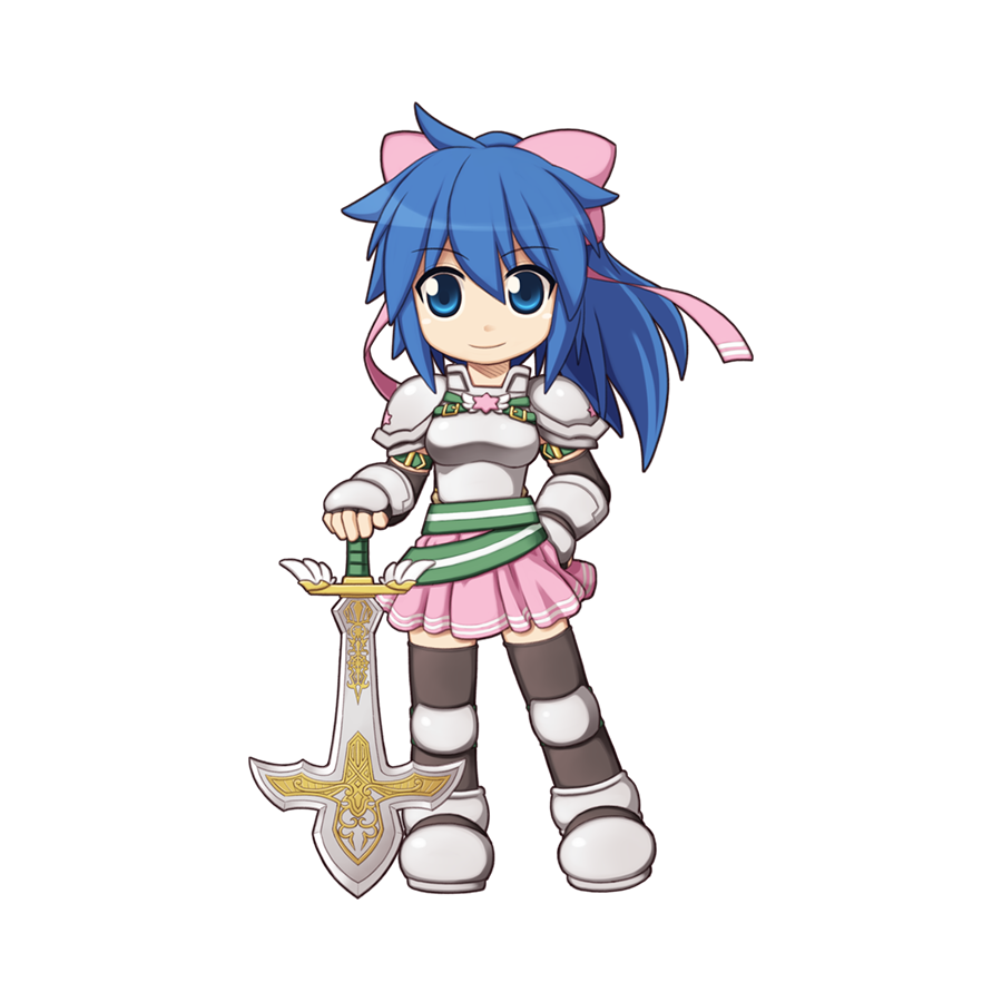 1girl armor armored_boots belt black_thighhighs blue_eyes blue_hair boots bow breastplate chibi chibi_only closed_mouth full_body gauntlets green_belt hair_between_eyes hair_bow holding holding_sword holding_weapon long_hair looking_at_viewer lord_knight_(ragnarok_online) miniskirt official_art pauldrons pink_bow pink_skirt poleyn ragnarok_online shoulder_armor simple_background skirt smile solo spica_parfait strong_stars_story sword thighhighs transparent_background weapon yuichirou