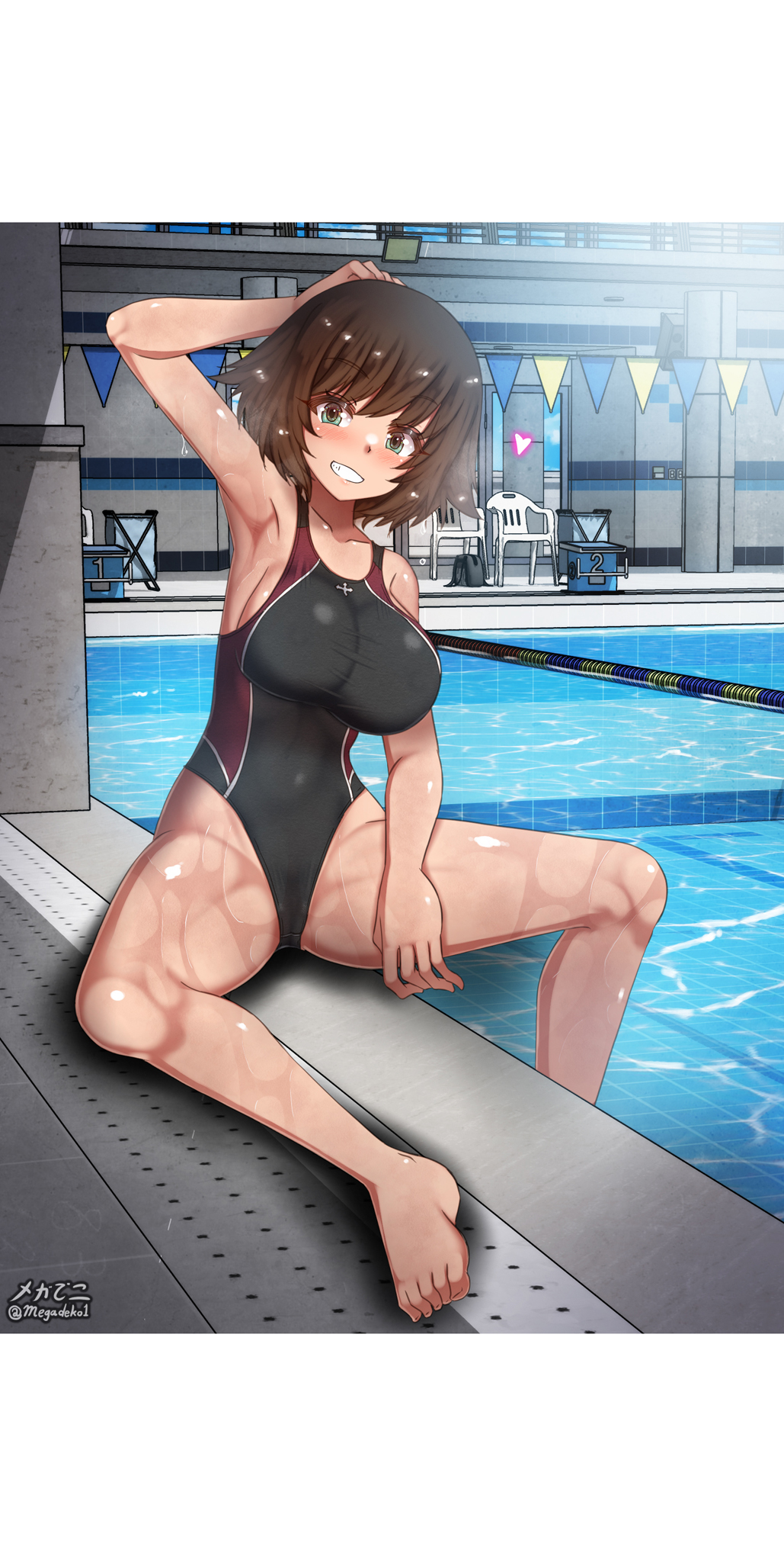 1girl arm_up barefoot blush breasts brown_hair competition_swimsuit girls_und_panzer green_eyes grin hand_on_own_head hida_ema highres large_breasts looking_at_viewer megadeko one-piece_swimsuit pool poolside short_hair sitting smile solo swimsuit water wet