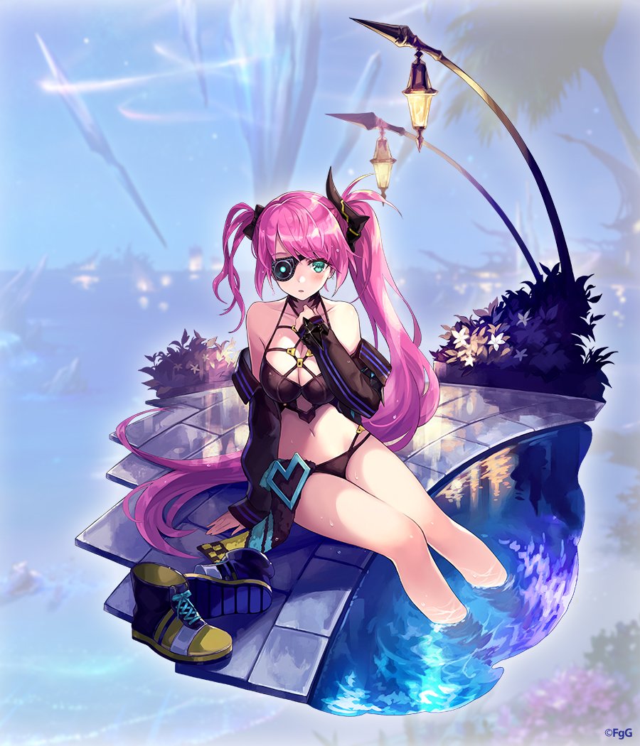 1girl bikini black_killers_(phantom_of_the_kill) blue_eyes blush eyepatch freikugel full_body hair_ornament hand_on_own_chest long_hair looking_at_viewer navel night official_art on_floor phantom_of_the_kill pink_hair poolside sitting solo swimsuit thighs to_maru two_side_up