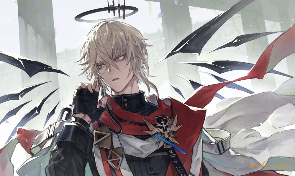 1boy angel angel_wings arknights bishounen black_gloves blue_eyes elmar executor_(arknights) executor_the_ex_foedere_(arknights) fingerless_gloves gloves halo hands_up male_focus mechanical_halo short_hair solo upper_body white_hair wings