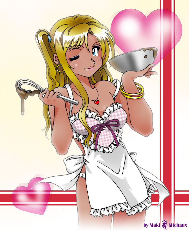 1girl apron blonde_hair blue_eyes bowl breasts cleavage dark-skinned_female dark_skin earrings female_focus ganguro gyaru heart heart_necklace jewelry lots_of_jewelry maki_michaux misakitchi nearly_naked_apron necklace one_eye_closed original panties side_ponytail solo underwear whisk