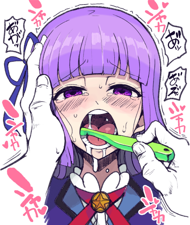 1girl aikatsu! aikatsu!_(series) blush brushing_teeth hikami_sumire long_hair looking_at_viewer monogatari_(series) motsuaki nisemonogatari out_of_frame parody pov pov_hands purple_eyes purple_hair solo_focus tears toothbrush