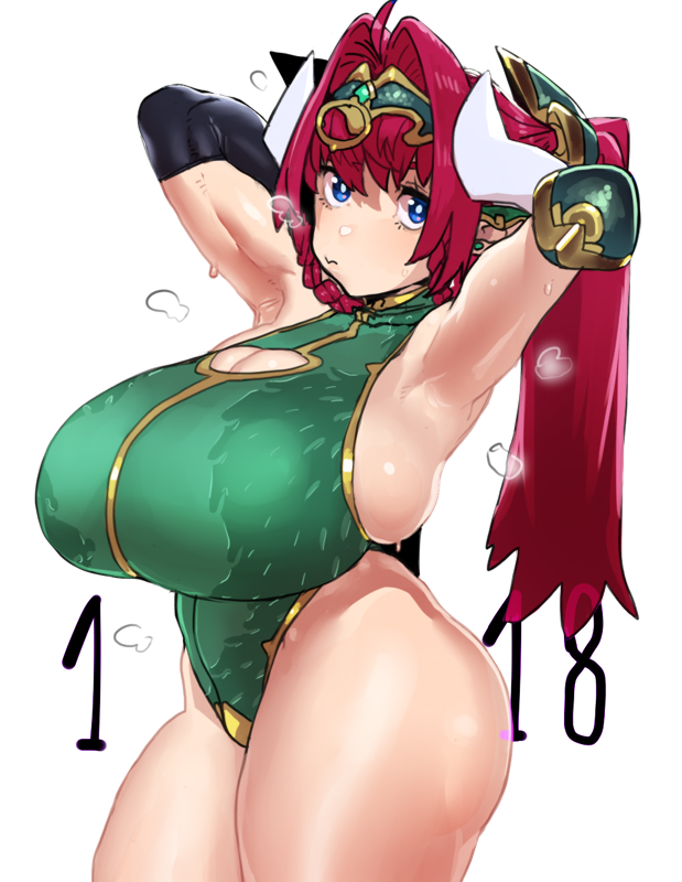 1girl ahoge armpits arms_behind_head biceps black_gloves blue_eyes breasts character_request circlet cleavage cleavage_cutout clothing_cutout dated dragon_horns ear_covers elbow_gloves elbow_pads fang fat_rolls gen&#039;en_(sioherashi) gloves green_leotard hair_intakes highleg highleg_leotard horns huge_breasts leotard long_hair looking_at_viewer original pointy_ears ponytail red_hair shortstack single_elbow_pad skin_fang skindentation solo sweat thick_thighs thighs white_horns