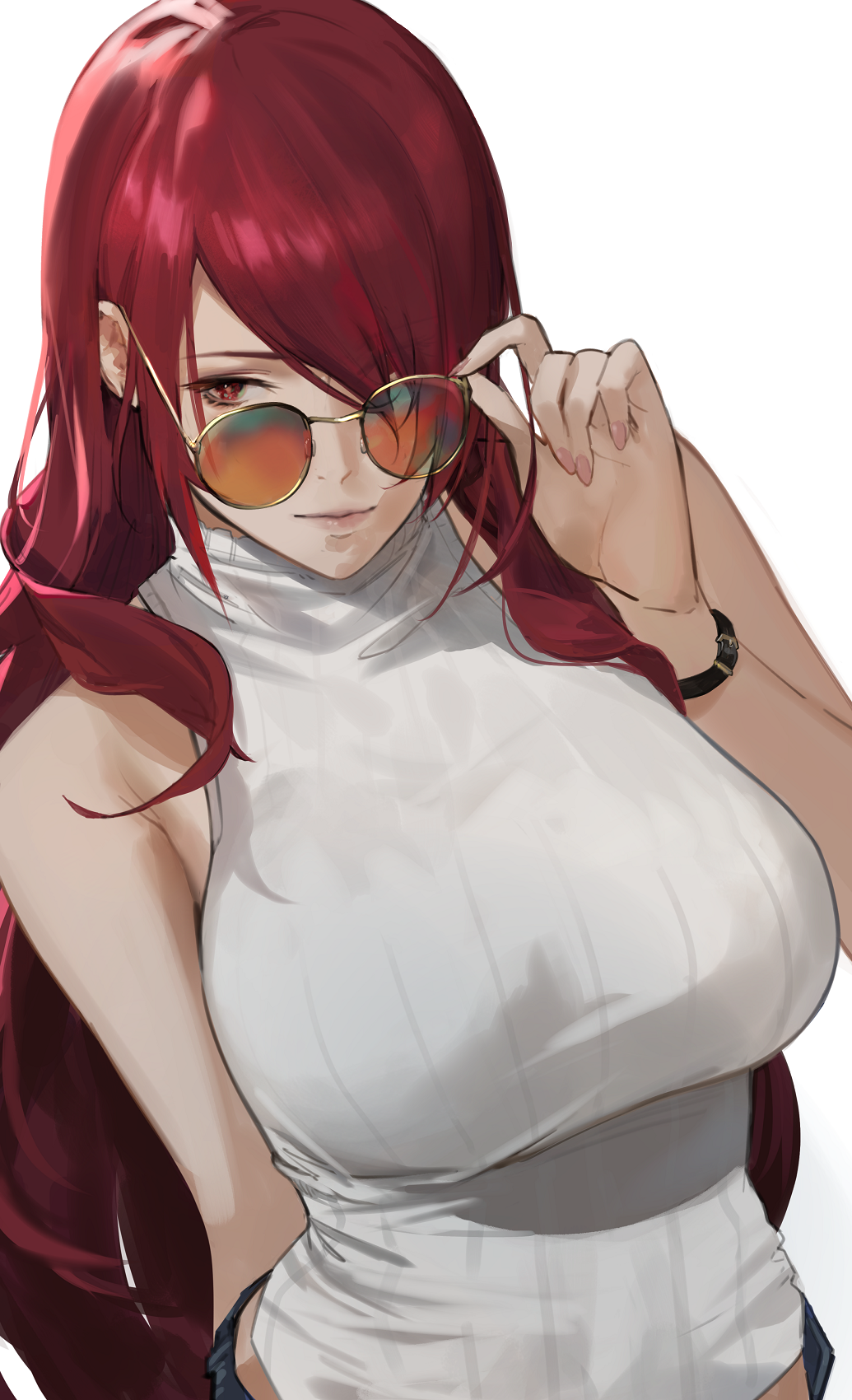 1girl adjusting_eyewear breasts closed_mouth hair_over_one_eye hand_on_eyewear highres j@ck kirijou_mitsuru large_breasts long_hair looking_at_viewer looking_over_eyewear midriff_peek orange-tinted_eyewear persona persona_3 red_eyes red_hair sleeveless sleeveless_turtleneck solo sunglasses sweater tinted_eyewear turtleneck turtleneck_sweater white_background white_sweater